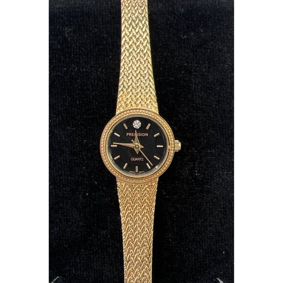 Precision By Gruen Gold-Tone Quartz Watch With Black Dial & Woven Bracelet Stain main image 6